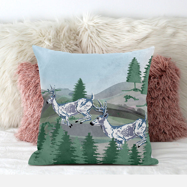 Homeroots 28x28 Green Blue Deer Blown Seam Broadcloth Animal Print Throw Pillow   485327