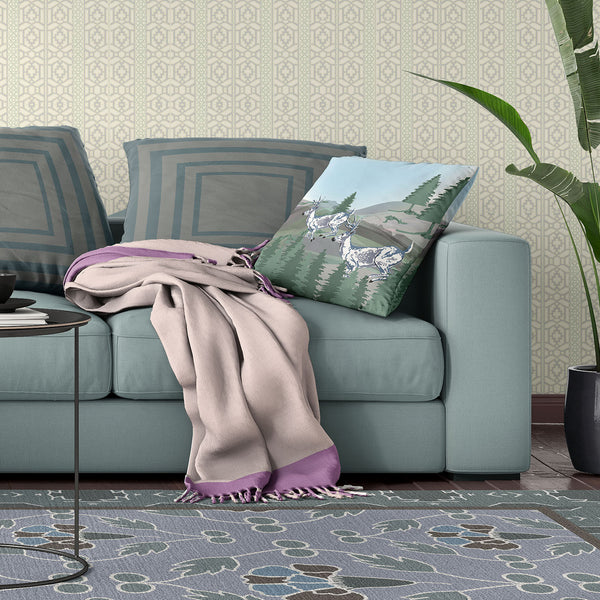 Homeroots 28x28 Green Blue Deer Blown Seam Broadcloth Animal Print Throw Pillow   485327