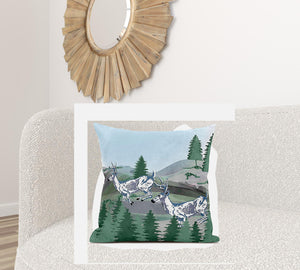 Homeroots 28x28 Green Blue Deer Blown Seam Broadcloth Animal Print Throw Pillow   485327