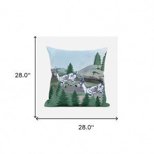 Homeroots 28x28 Green Blue Deer Blown Seam Broadcloth Animal Print Throw Pillow   485327