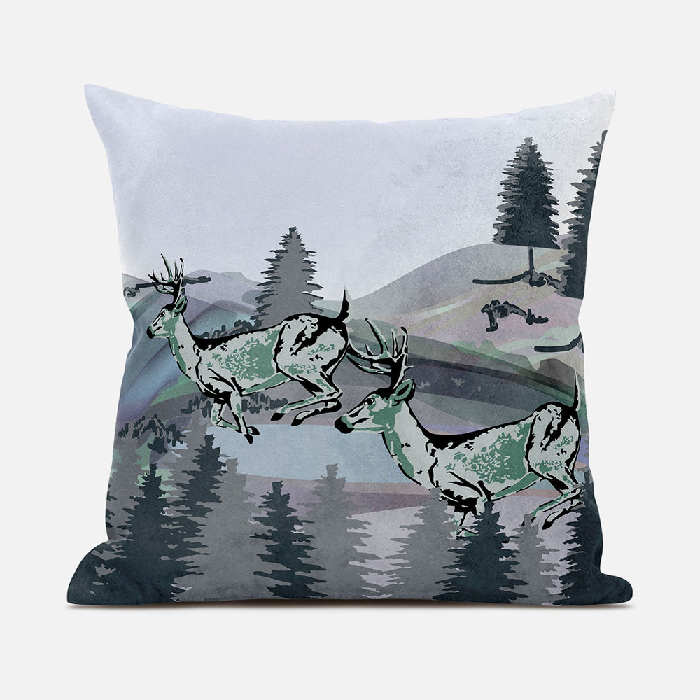 Homeroots 26x26 Muted Green Black Blue Deer Blown Seam Broadcloth Animal Print Throw Pillow   485331