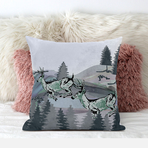 Homeroots 26x26 Muted Green Black Blue Deer Blown Seam Broadcloth Animal Print Throw Pillow   485331