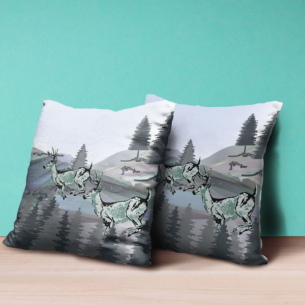 Homeroots 26x26 Muted Green Black Blue Deer Blown Seam Broadcloth Animal Print Throw Pillow   485331