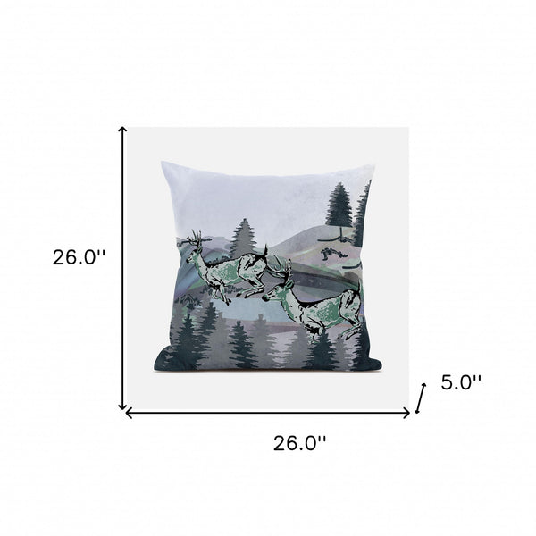 Homeroots 26x26 Muted Green Black Blue Deer Blown Seam Broadcloth Animal Print Throw Pillow   485331