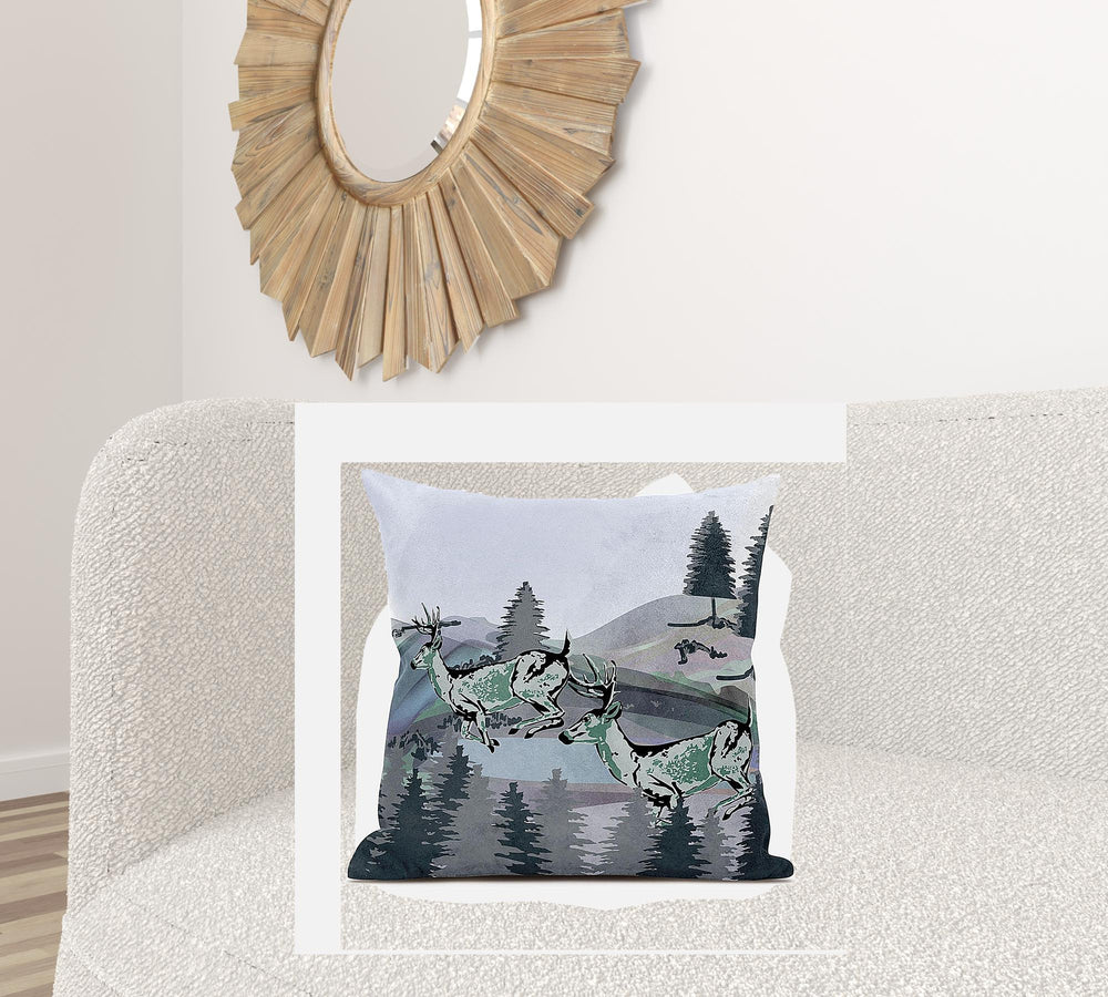 Homeroots 26x26 Muted Green Black Blue Deer Blown Seam Broadcloth Animal Print Throw Pillow   485331