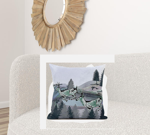 Homeroots 26x26 Muted Green Black Blue Deer Blown Seam Broadcloth Animal Print Throw Pillow   485331