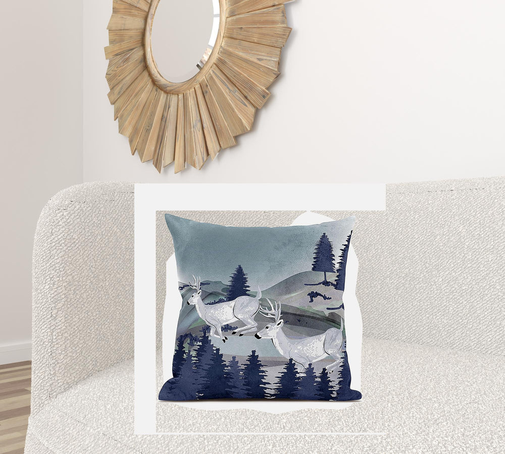 Homeroots 26x26 Gray Blue Deer Blown Seam Broadcloth Animal Print Throw Pillow   485336