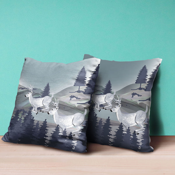 Homeroots 28x28 Gray Blue Deer Blown Seam Broadcloth Animal Print Throw Pillow   485337