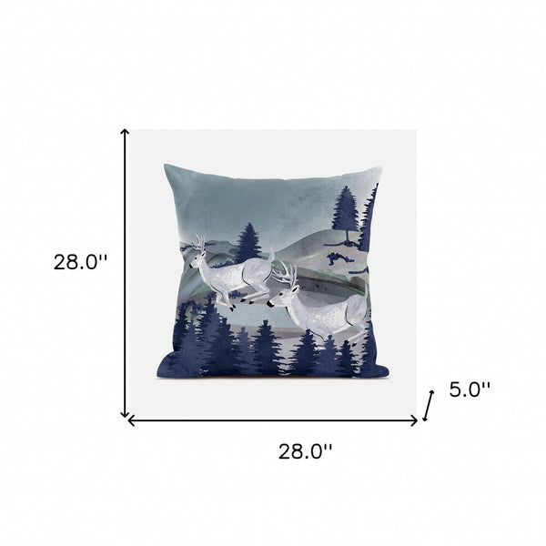 Homeroots 28x28 Gray Blue Deer Blown Seam Broadcloth Animal Print Throw Pillow   485337