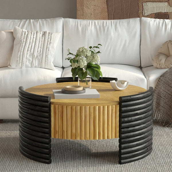 English Elm 31.50" Round Flip-top Storage Coffee Table Fluted Mdf Base for Modern Living Rooms Wood W757P383553