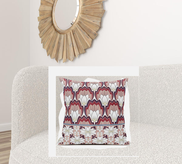 Homeroots 26x26 Red White Blown Seam Broadcloth Floral Throw Pillow   485361