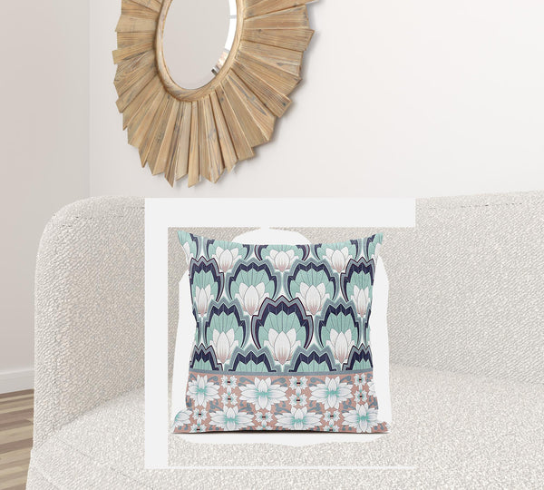 Homeroots 26x26 White Green Pink Blown Seam Broadcloth Floral Throw Pillow   485366