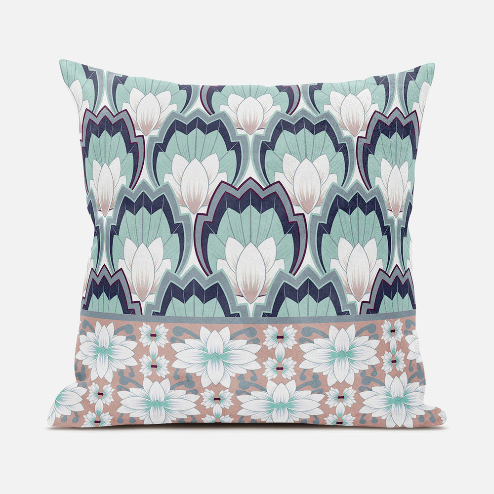 Homeroots 28x28 White Green Pink Blown Seam Broadcloth Floral Throw Pillow   485367