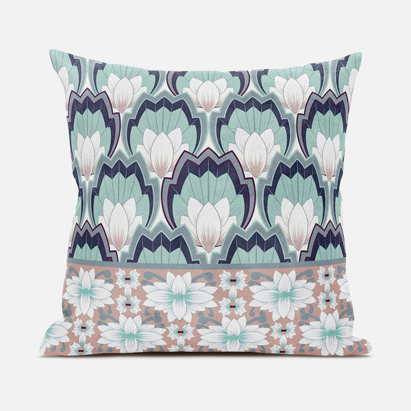 Homeroots 28x28 White Green Pink Blown Seam Broadcloth Floral Throw Pillow   485367