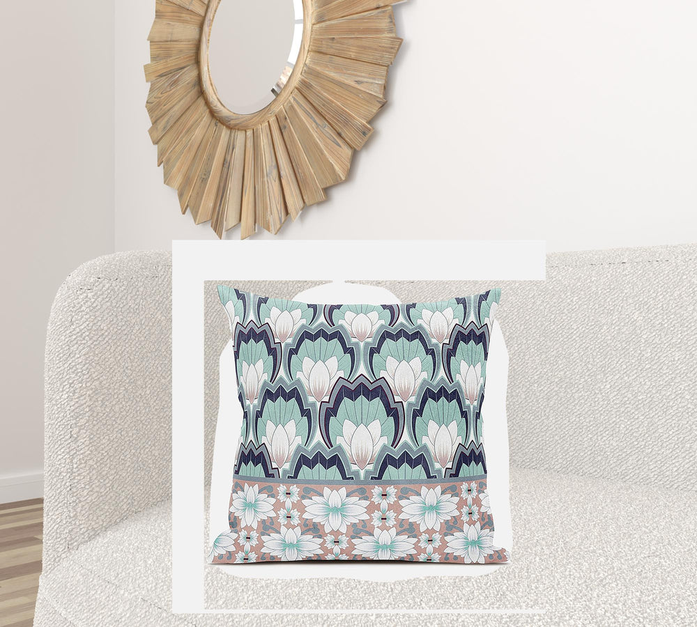 Homeroots 28x28 White Green Pink Blown Seam Broadcloth Floral Throw Pillow   485367