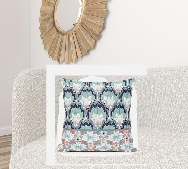 Homeroots 28x28 White Green Pink Blown Seam Broadcloth Floral Throw Pillow   485367