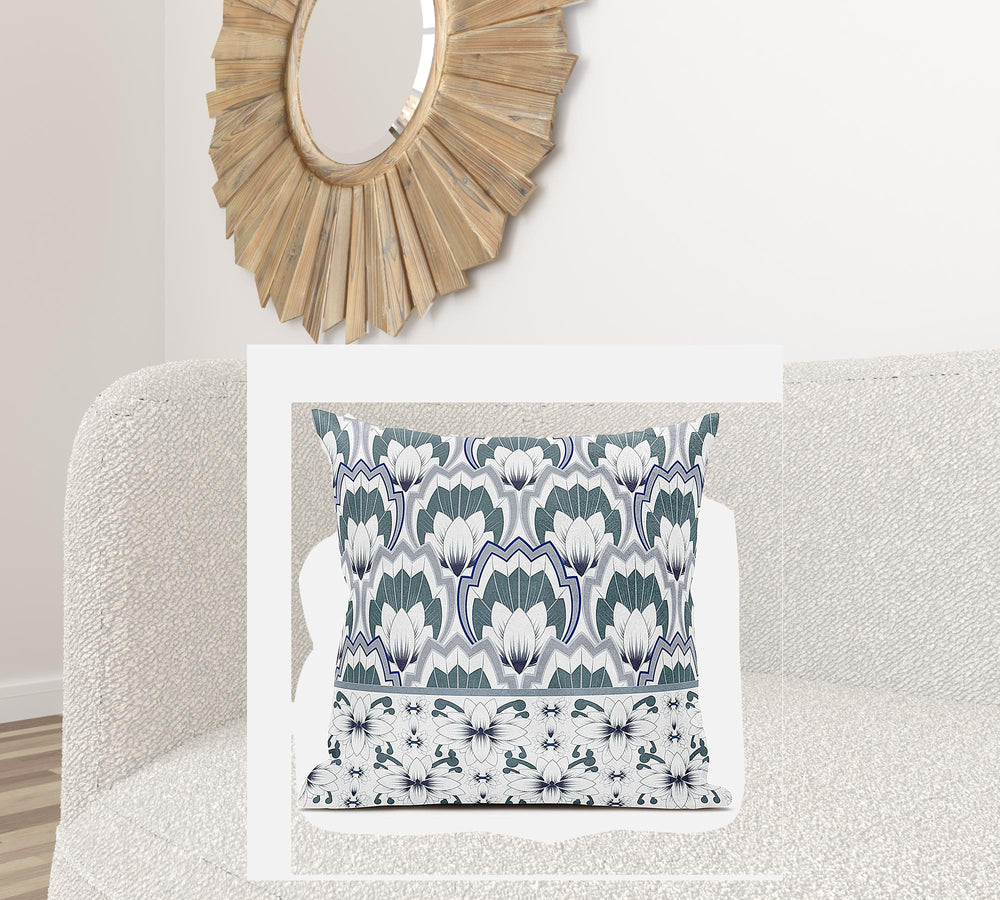 Homeroots 28x28 White Gray Blue Blown Seam Broadcloth Floral Throw Pillow   485372