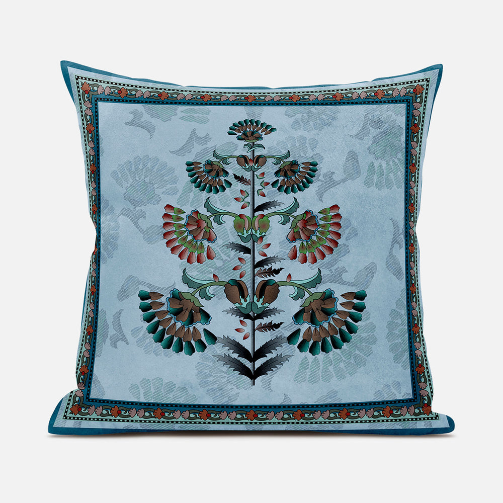 Homeroots 26x26 Sky Blue Red Blown Seam Broadcloth Floral Throw Pillow   485381