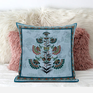 Homeroots 26x26 Sky Blue Red Blown Seam Broadcloth Floral Throw Pillow   485381