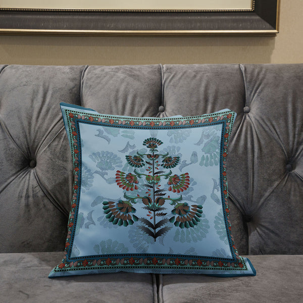 Homeroots 26x26 Sky Blue Red Blown Seam Broadcloth Floral Throw Pillow   485381