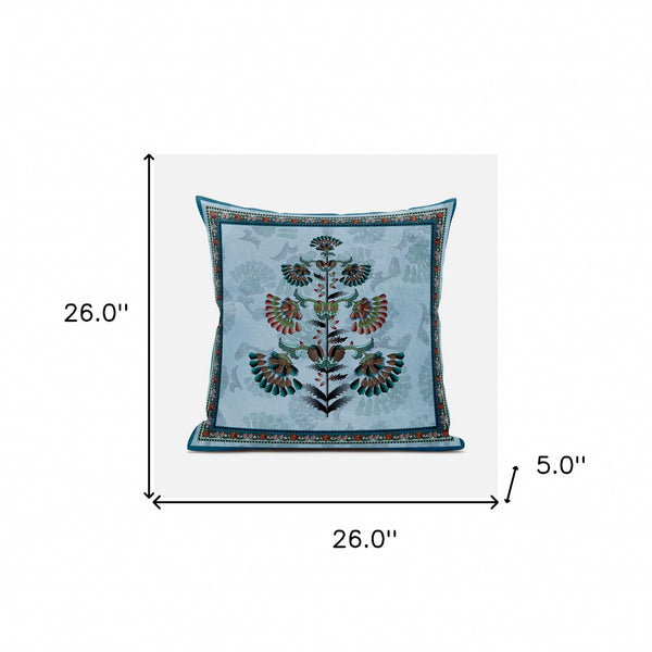 Homeroots 26x26 Sky Blue Red Blown Seam Broadcloth Floral Throw Pillow   485381