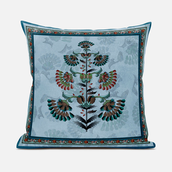 Homeroots 28x28 Sky Blue Red Blown Seam Broadcloth Floral Throw Pillow   485382