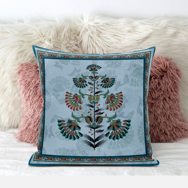 Homeroots 28x28 Sky Blue Red Blown Seam Broadcloth Floral Throw Pillow   485382