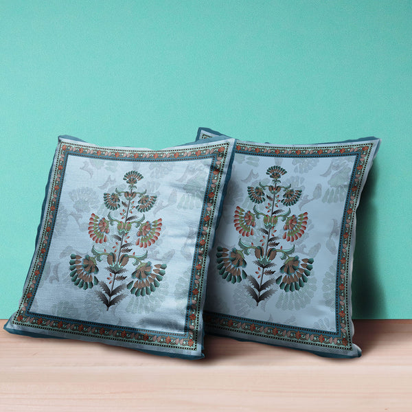 Homeroots 28x28 Sky Blue Red Blown Seam Broadcloth Floral Throw Pillow   485382