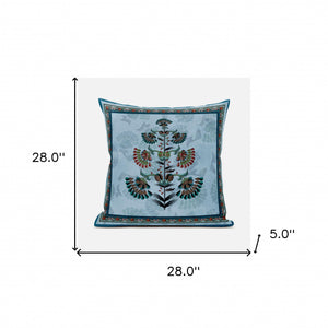 Homeroots 28x28 Sky Blue Red Blown Seam Broadcloth Floral Throw Pillow   485382