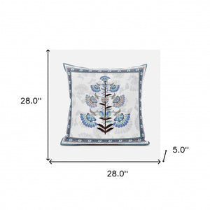 Homeroots 28x28 Off White Gray Blown Seam Broadcloth Floral Throw Pillow   485387