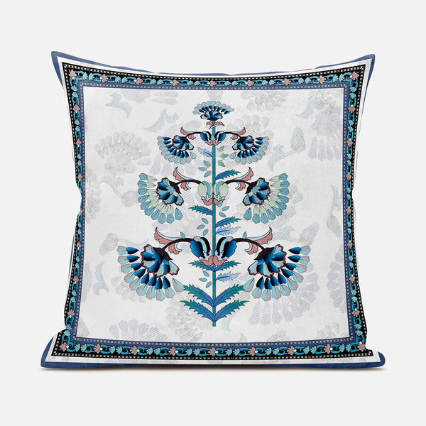 Homeroots 28x28 Off White Blue Black Blown Seam Broadcloth Floral Throw Pillow   485392