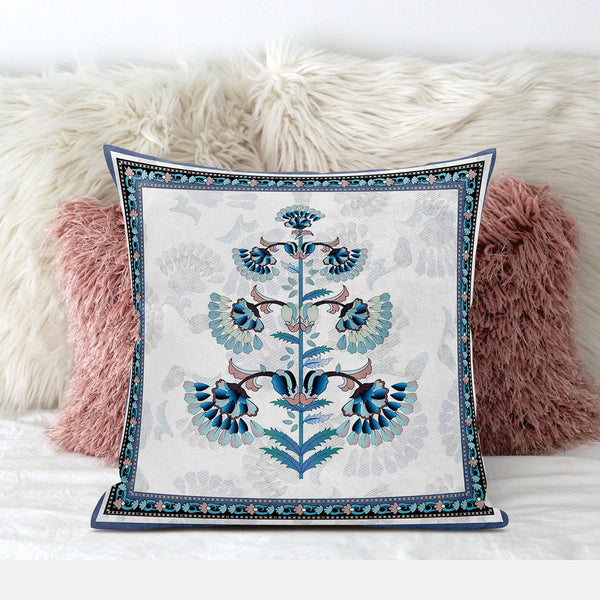 Homeroots 28x28 Off White Blue Black Blown Seam Broadcloth Floral Throw Pillow   485392