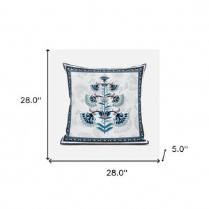 Homeroots 28x28 Off White Blue Black Blown Seam Broadcloth Floral Throw Pillow   485392