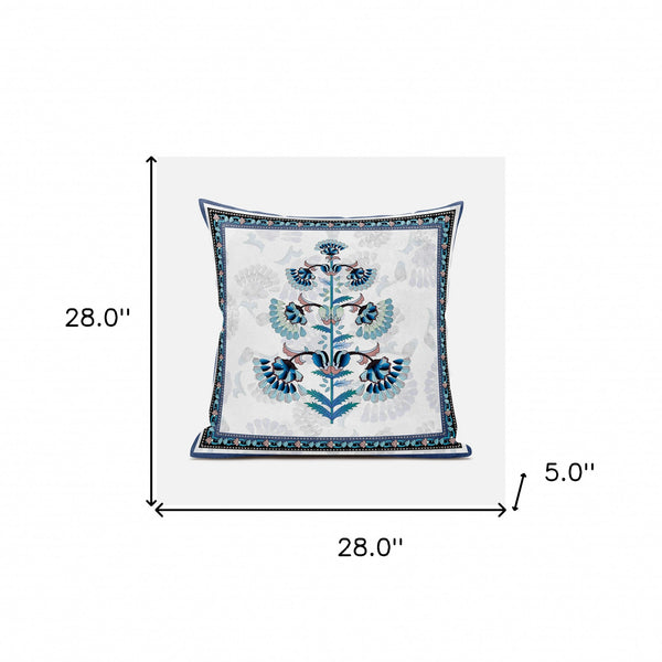 Homeroots 28x28 Off White Blue Black Blown Seam Broadcloth Floral Throw Pillow   485392