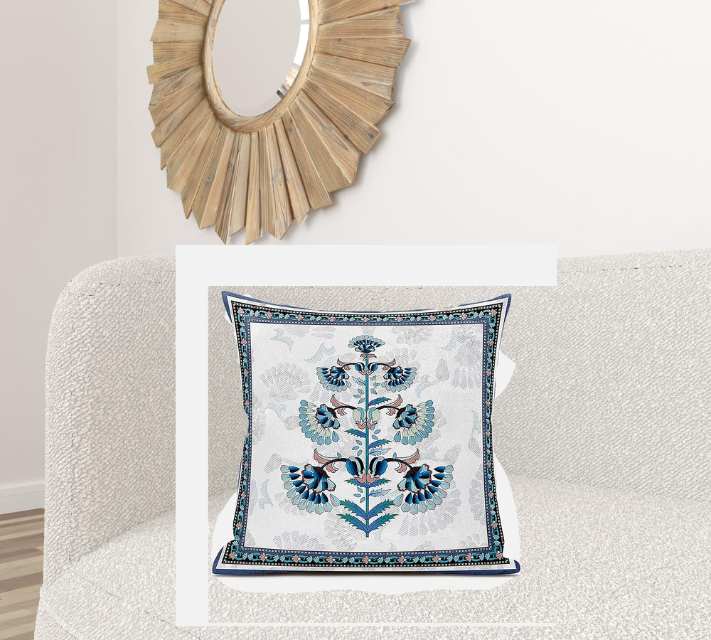 Homeroots 28x28 Off White Blue Black Blown Seam Broadcloth Floral Throw Pillow   485392