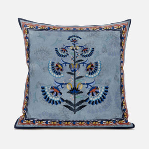 Homeroots 26x26 Gray Blue Red Blown Seam Broadcloth Floral Throw Pillow   485396