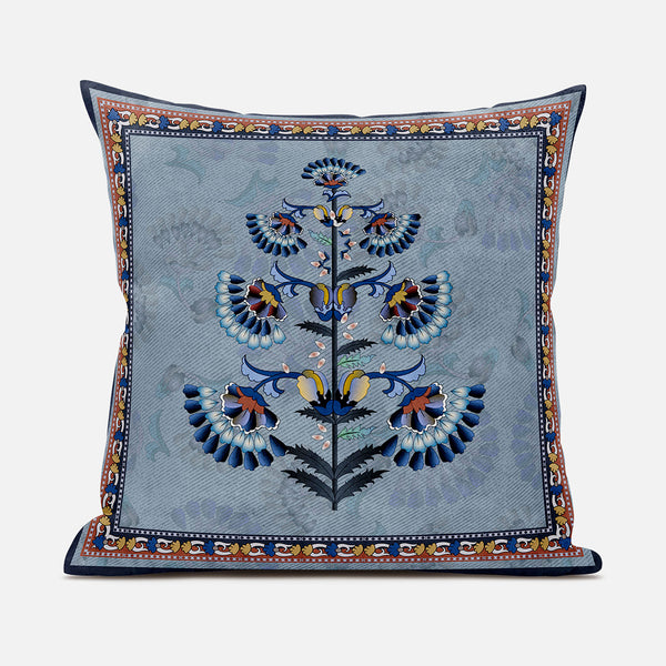 Homeroots 26x26 Gray Blue Red Blown Seam Broadcloth Floral Throw Pillow   485396
