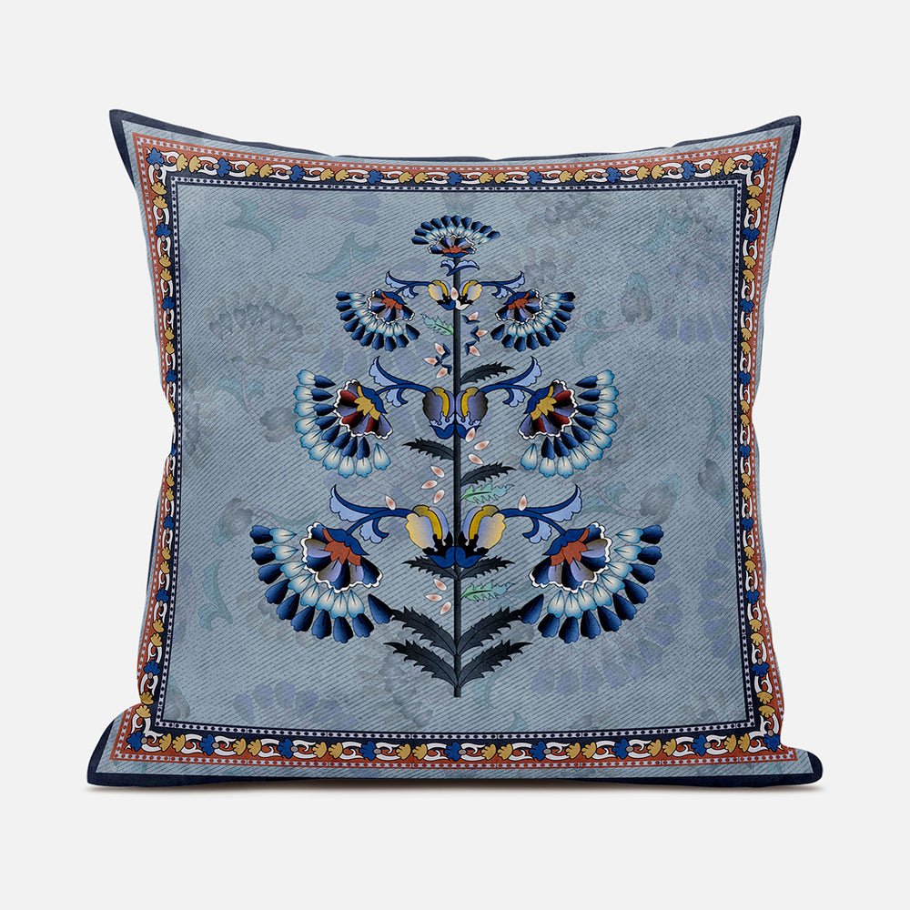 Homeroots 28x28 Gray Blue Red Blown Seam Broadcloth Floral Throw Pillow   485397