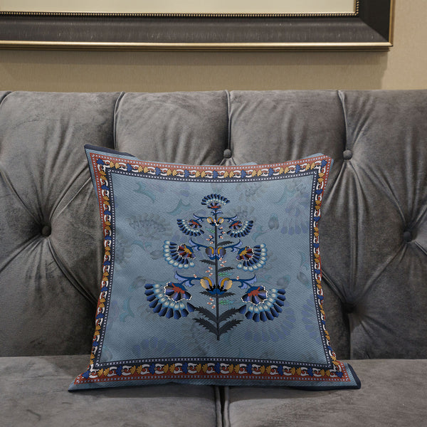 Homeroots 28x28 Gray Blue Red Blown Seam Broadcloth Floral Throw Pillow   485397