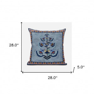 Homeroots 28x28 Gray Blue Red Blown Seam Broadcloth Floral Throw Pillow   485397