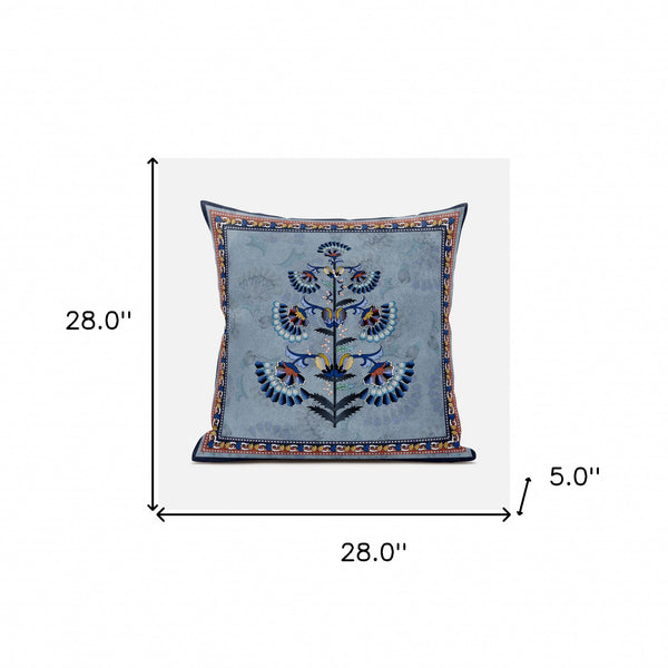 Homeroots 28x28 Gray Blue Red Blown Seam Broadcloth Floral Throw Pillow   485397