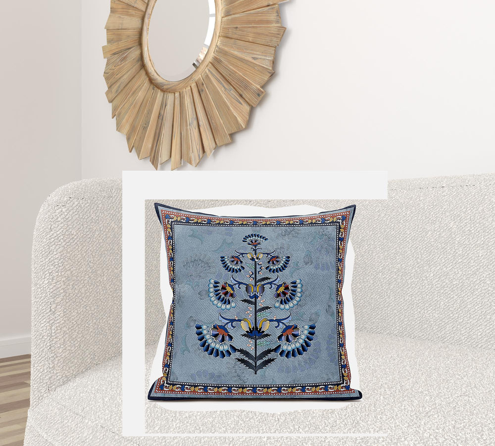 Homeroots 28x28 Gray Blue Red Blown Seam Broadcloth Floral Throw Pillow   485397