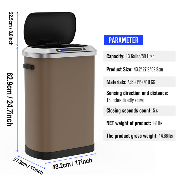 English Elm 50L Smart automatic Trash Can with Silent Slow-Close Lid, Motion Sensor, Durable 0.45mm Steel Body Brown W1550P247980