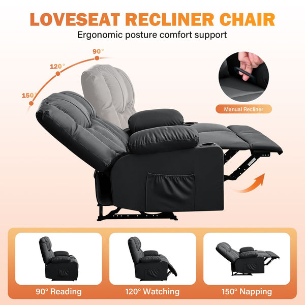 English Elm Recliner Loveseat with Massage Heat Pu Leather Dual Seating and Usb Charging Ports Black W1521S00082