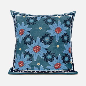 Homeroots 26x26 Blue Red Blown Seam Broadcloth Floral Throw Pillow   485411