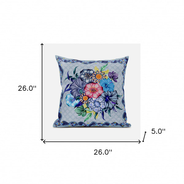 Homeroots 26x26 Blue Pink Gray Blown Seam Broadcloth Floral Throw Pillow   485436