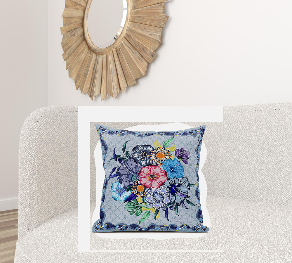 Homeroots 26x26 Blue Pink Gray Blown Seam Broadcloth Floral Throw Pillow   485436