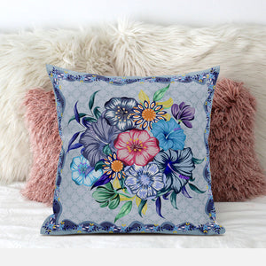 Homeroots 28x28 Blue Pink Gray Blown Seam Broadcloth Floral Throw Pillow   485437
