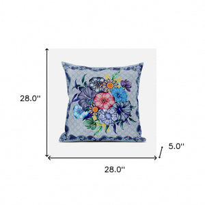 Homeroots 28x28 Blue Pink Gray Blown Seam Broadcloth Floral Throw Pillow   485437