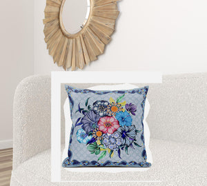 Homeroots 28x28 Blue Pink Gray Blown Seam Broadcloth Floral Throw Pillow   485437